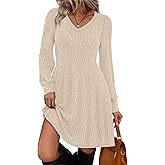 SAMPEEL Womens V Neck Long Sleeve Fall Dresses Baby Doll Casual Sweater Dress Fashion Clothes