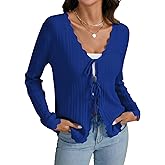 LYANER Women's V Neck Tie Front Long Sleeve Rib Knit Cardigan Shrug Sweater