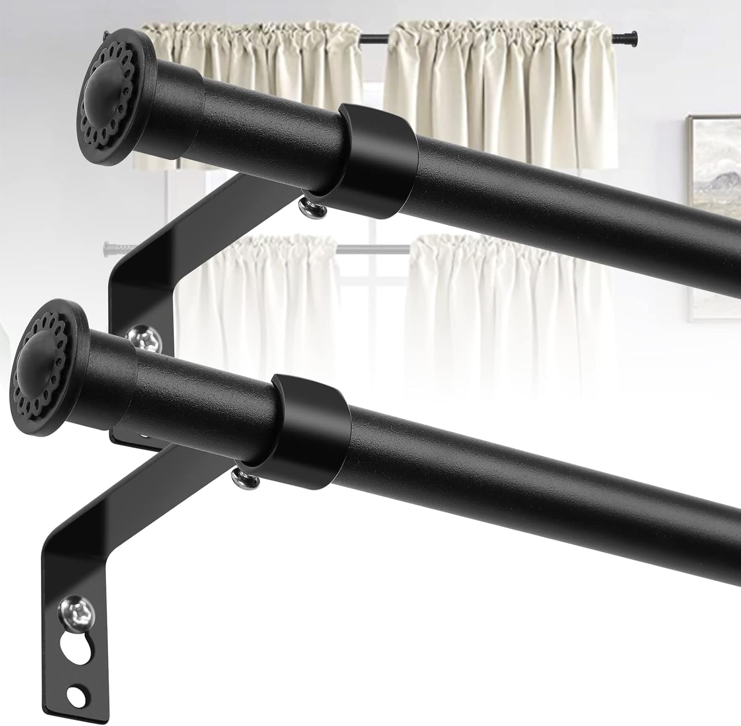 Window Treatment Hardware - Black Curtain Rods for Windows 48 to 84” - 5/8 Inch Metal Curtain Rod 2 Pack,Heavy Duty Rustic Drapery Rods with Brackets - Matte