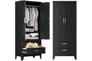 COFaR 71" Tall armoire Wardrobe Closet, Farmhouse Wardrobe Closet with Rods, 2 Barn Doors, Adjustable Shelves, Steel with 2 Drawer Chest Organizer for Laundry Room, Cloak Room, Metal, Black