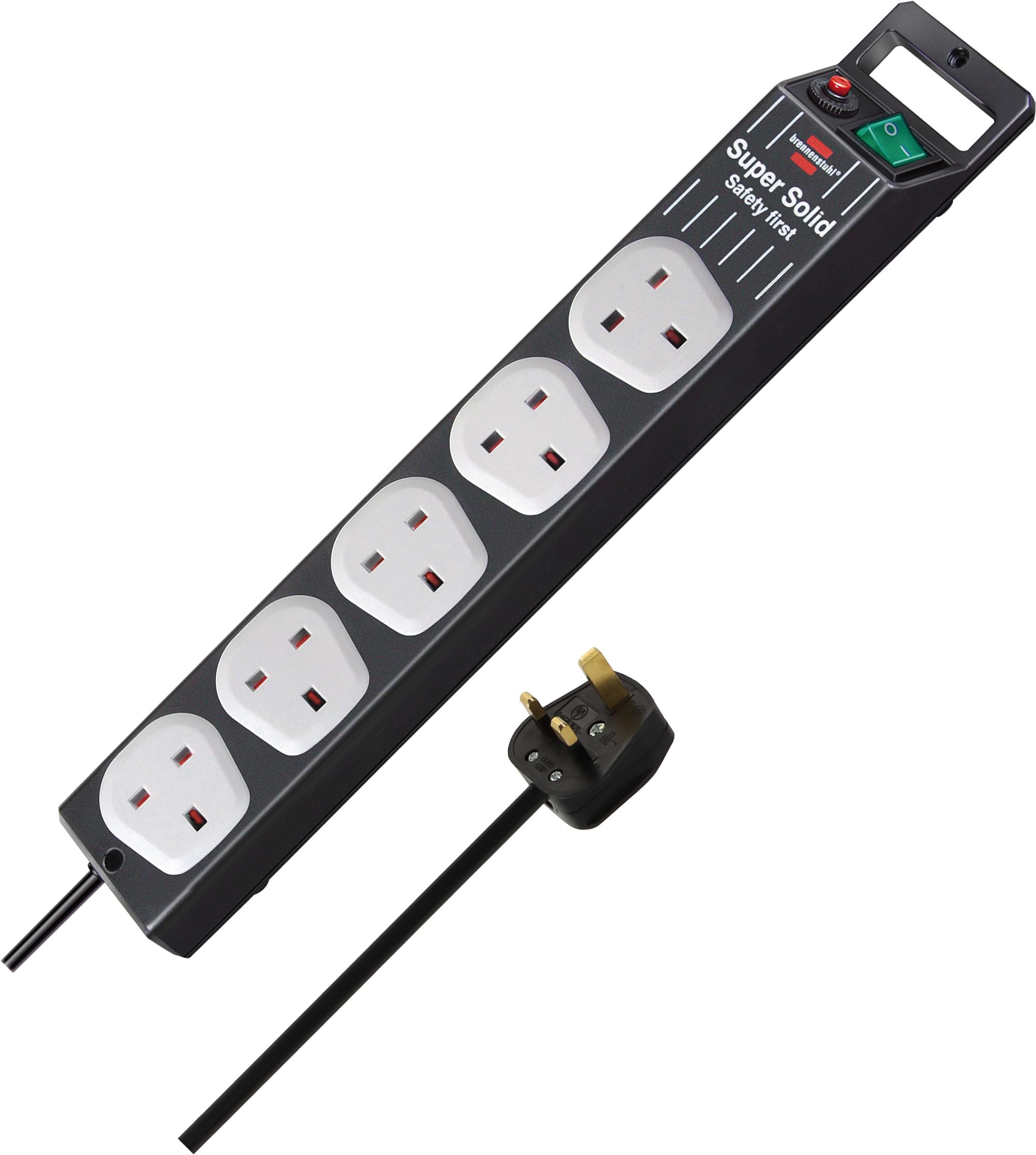 Brennenstuhl 1153343625 Super-Solid-Line 5-Way (Extension Lead with Safety Fuse Button, 2,5m Cable, sockets in 90° Arrangement) FB, 240 V, Black/Light Grey