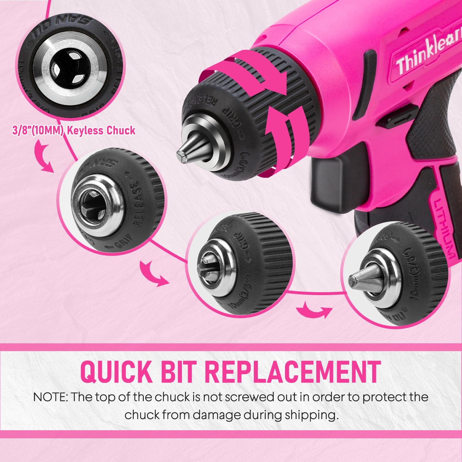 8V Pink Cordless Drill Set, Electric Screwdriver Drill Driver Set with 3/8