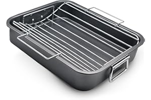 CULINARIN Roasting Pan With Rack 11" x 15" - Non Stick Large Roaster Pan and V-rack with foldable handles - Roasting Pans for Ovens to Elevate Food for Even Heating - Dishwasher Safe Turkey Roast Pot