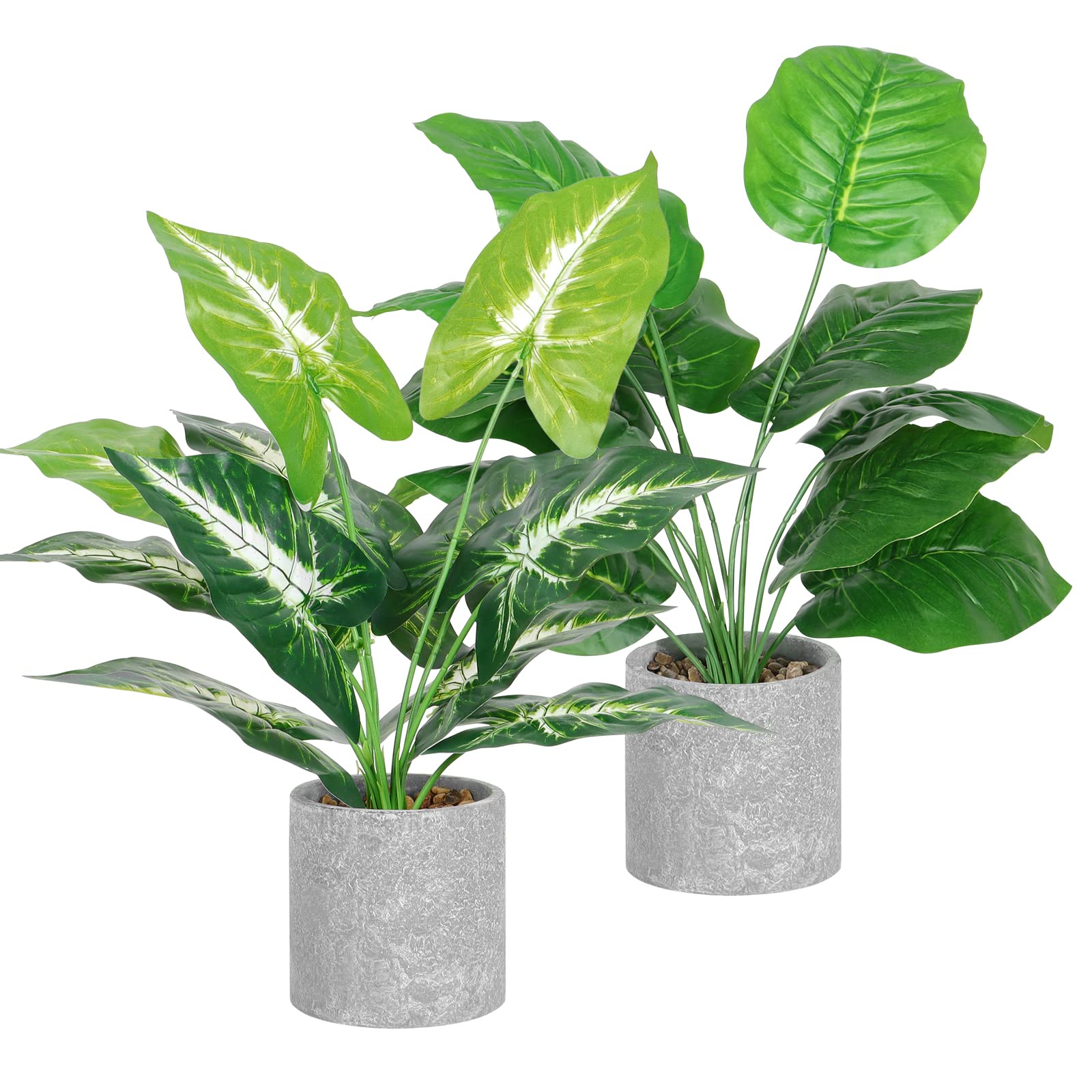 Dremisland 2pcs Fake Plants Artificial Palm Plants in Pot 16" Tall Artificial Potted Plants with Grey Pot Faux Foliage Greenery Plants for Office Desk Shelf Table Bathroom Bedroom Indoor Décor