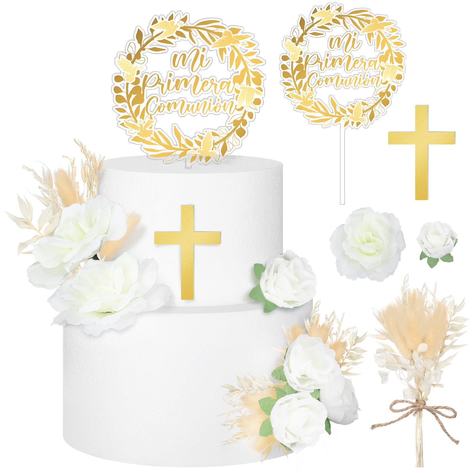 Photo 1 of 9 Pcs Mi Primera Comunion Cake Topper Gold Cross and Dried Flower Decor Set First Holy Communion Baptism Cake Pick Religious God Bless Baptism Cake Decoration for Celebration Milestones Decor