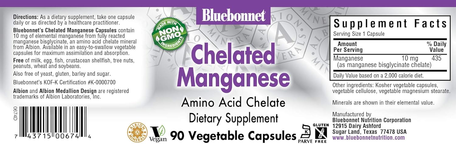 BlueBonnet Albion Chelated Manganese Vegetarian Capsules, 10 mg, 90 Count: Health & Personal Care