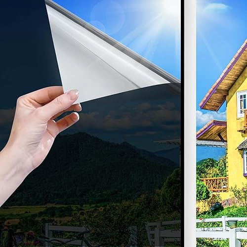 Shackcom One Way Window Film 60 x 200cm, Privacy Mirror Reflective Window Film Heat Reducing, Anti Glare, Anti UV and Sun Block, Non-Adhesive Window Tint for Home & Office (Black)