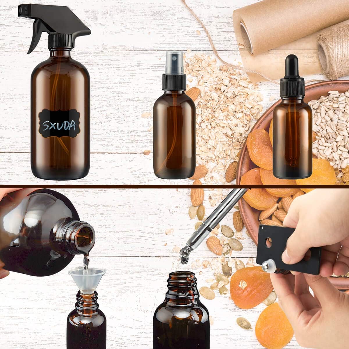 Glass Spray Bottle, SXUDA Amber Glass Spray Bottles Set Roller Bottles for Essential Oils, Cleaning Products or Aromatherapy (16OZ, 8OZ, 4OZ, 2OZ, 2OZ Dropper Bottle) x 2, 10 ml Roller Bottle x 4