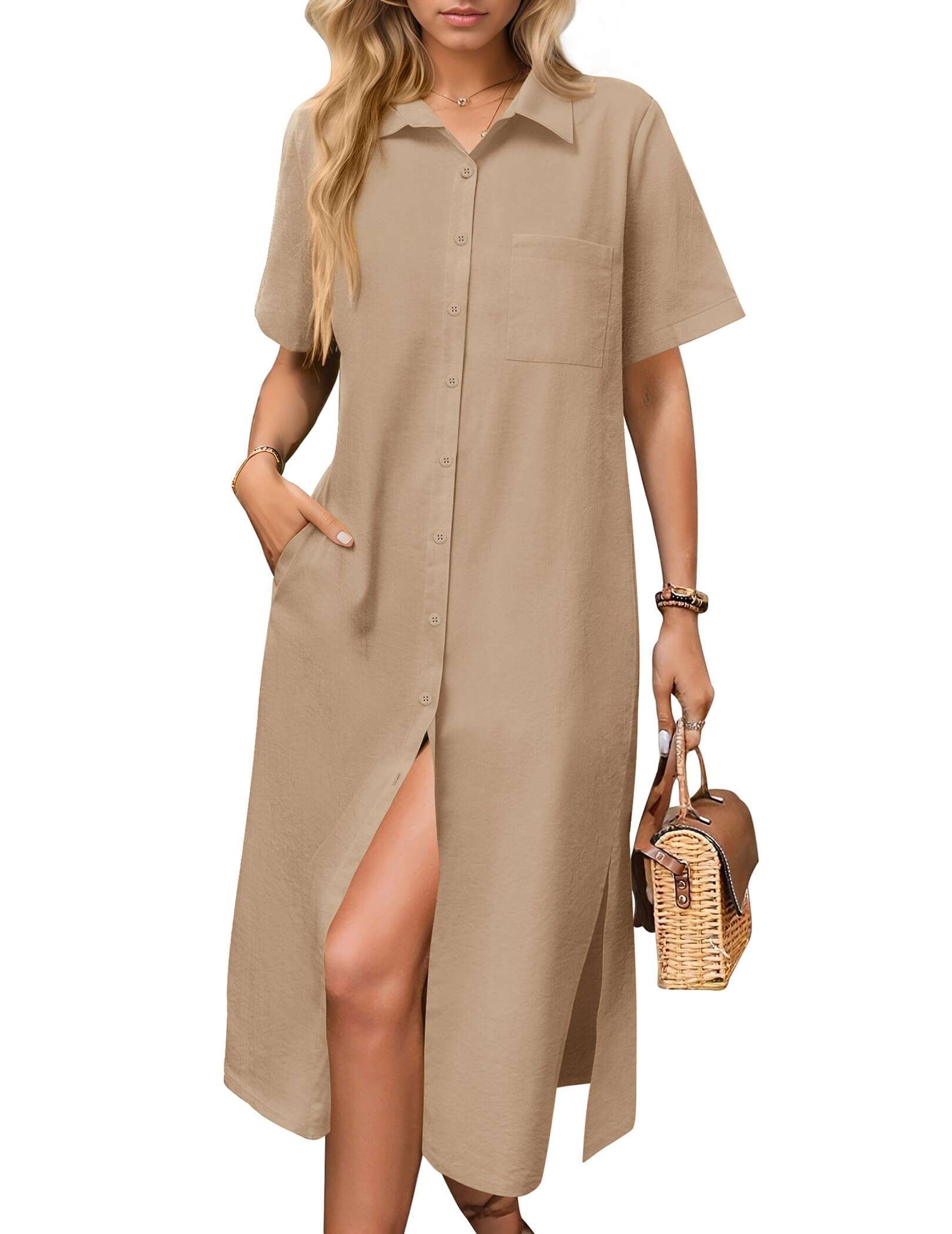 HOTOUCH Shirt Dresses for Women Linen Summer Casual Loose Button Down ...