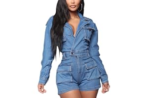 SheKiss Womens Casual Short Sleeves Denim Romers Elastic Waist Button Down Onesie Jumpsuits with Pockets