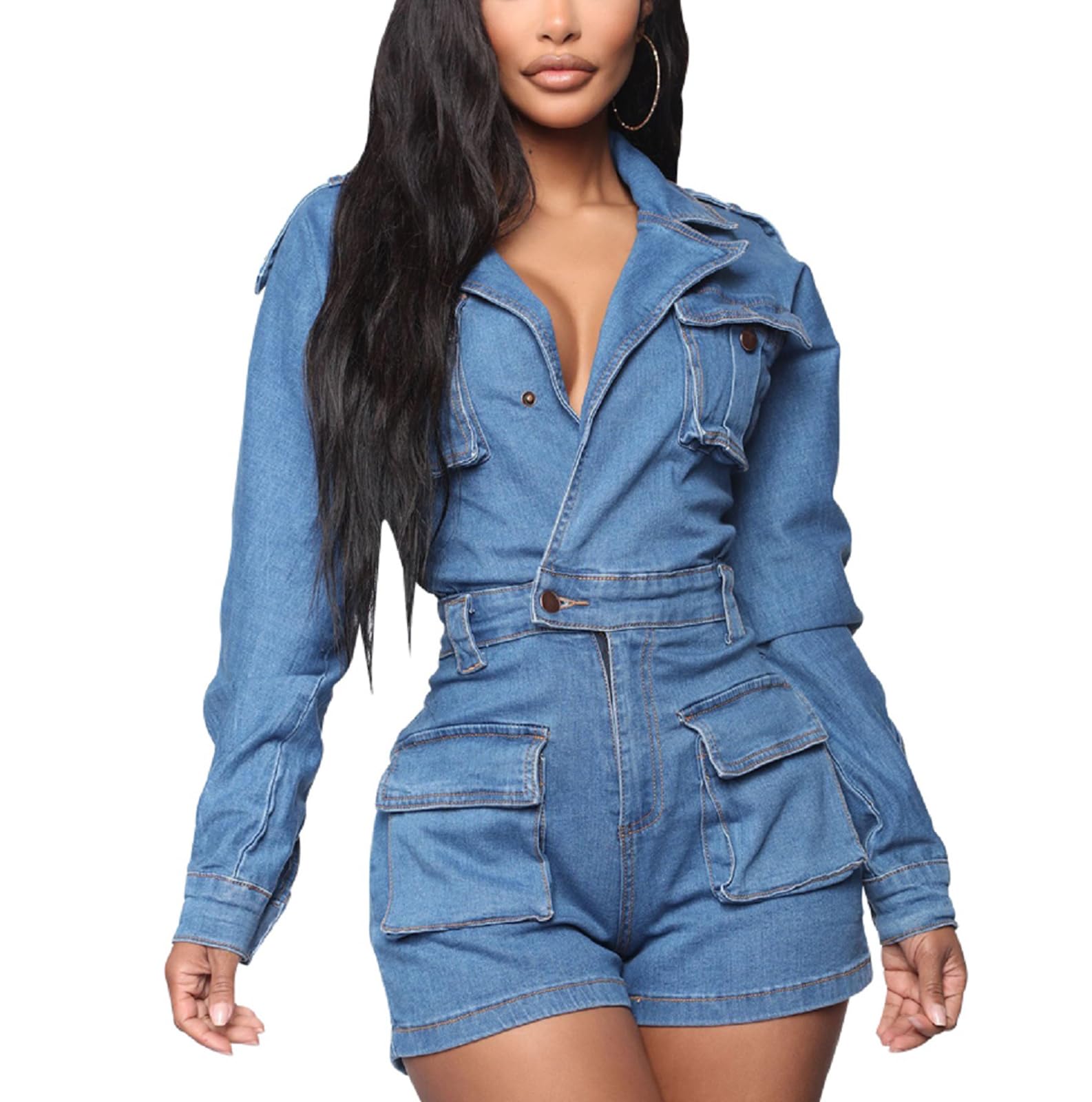 Photo 1 of SheKiss Womens Casual Long Sleeve Cargo Denim Rompers Button Zipper Closure Stretch Short Jumpsuits with Pockets XL
