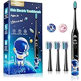 Kids Electric Toothbrush Rechargeable Age 3-5-6-12-18 Year Old, Sonic Toothbrush Kids with Timer 3 Modes 4 Vibrating Heads Habit Stickers Tooth Brush for Girls Boys and Childrens (Astronaut Black)