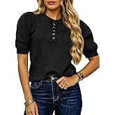 Saodimallsu Womens Puff Short Sleeve Sweater Tops Ruffle Crew Neck Button Up Casual Loose Knit Pullover Sweaters
