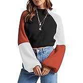 ZAFUL Womens Mock Neck Cropped Sweaters Color Block Lantern Sleeve Pullover Tops 2025 Fall Clothes Winter Outfits