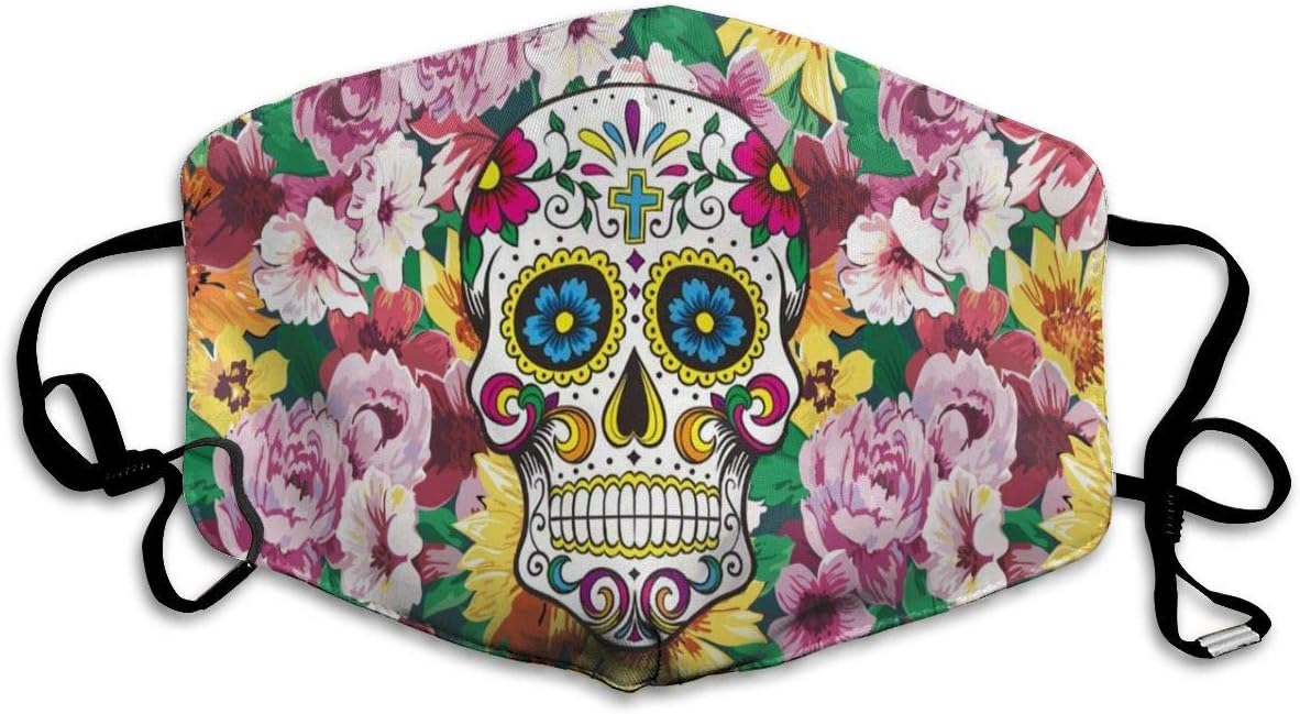 Sugar Flower Skull Colorful Floral Mouth Mask Face Mask for Men and Women Dustproof Anti Pollution Half Face Mask Washable Reusable Muffle Mask for Running Cycling Camping Travel White