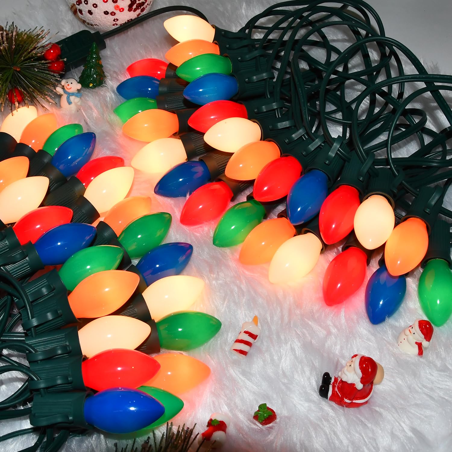 Photo 1 of Christmas Decorations - 50 Feet C7 Vintage Christmas Lights Multicolor Christmas Tree Lights Outdoor Christmas String Lights with 50+4 Pack Bulbs for Christmas Tree Home Patio Yard Decor, E12 Base