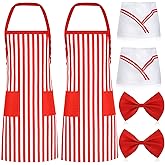 SEEWEY 6 Pcs 1950s Waiter Adult Costume Kit Soda Jerk Costume Ice Cream Outfit Red White Striped Apron 2 Pocket Chef Hat Bow Tie