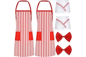 SEEWEY 6 Pcs 1950s Waiter Adult Costume Kit Soda Jerk Costume Ice Cream Outfit Red White Striped Apron 2 Pocket Chef Hat Bow Tie