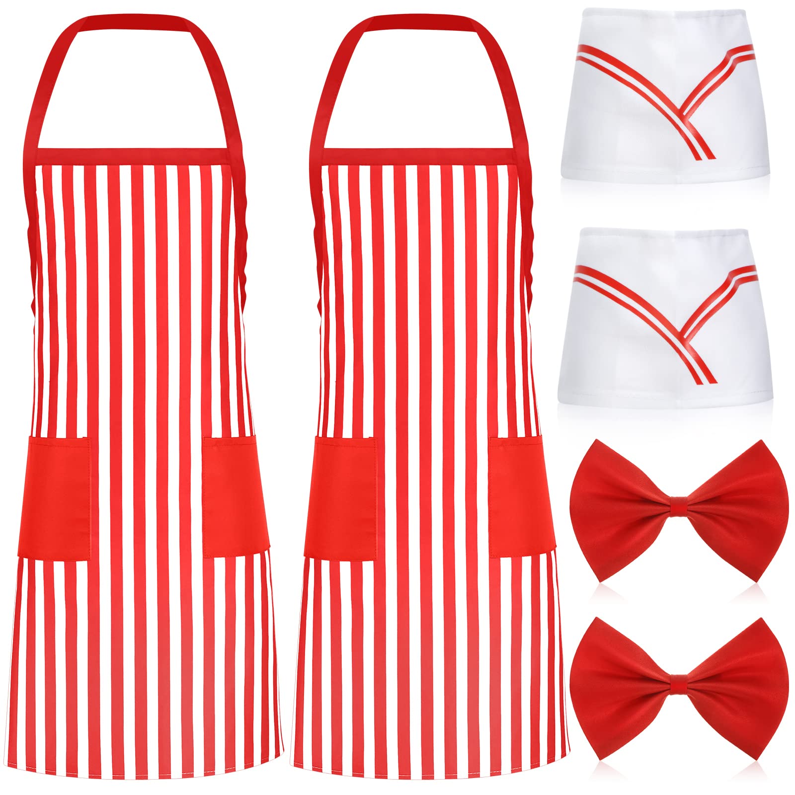 Photo 1 of ***MISSING BOW TIES*** SEEWEY 6 Pcs 1950s Waiter Adult Costume Kit Soda Jerk Costume Ice Cream Outfit Red White Striped Apron 2 Pocket Chef Hat Bow Tie ONE SIZE