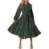 MASCOMODA Womens Dresses 2025 Fall Long Sleeve Midi Dress Casual V Neck Button Down Tiered Flowy Aline Tie Waist Shirt Dress