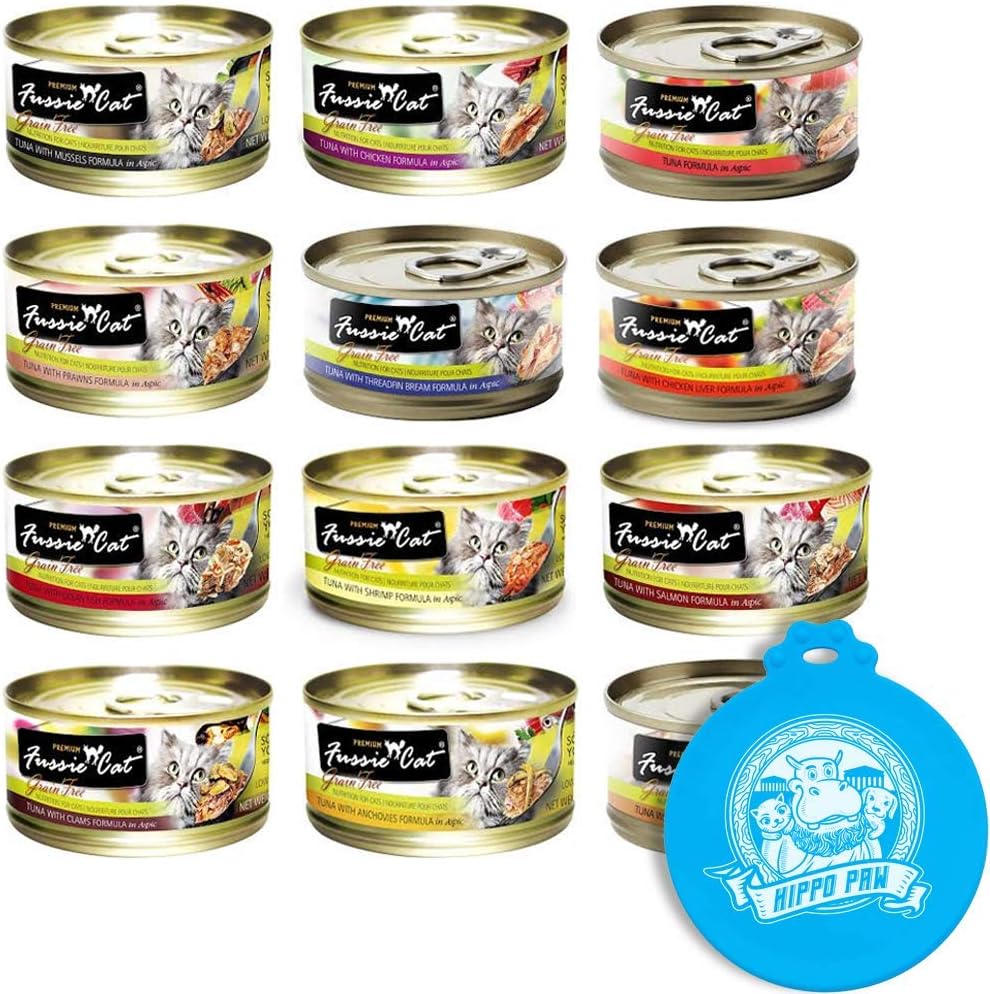 Fussie Cat Can Wet Food Variety 12 Pack (12) Variety Can Wet Food (Tuna with Chicken, Salmon, Anchovies, Shrimp, Clams, and More) with Hippo Paw Silicone Universal Can Cover Assorted Color and Design