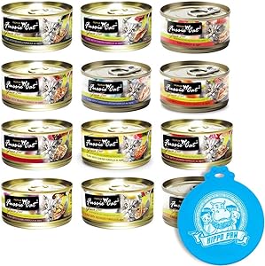 Fussie Cat Can Wet Food Variety 12 Pack (12) Variety Can Wet Food (Tuna with Chicken, Salmon, Anchovies, Shrimp, Clams, and More) with Hippo Paw Silicone Universal Can Cover Assorted Color and Design