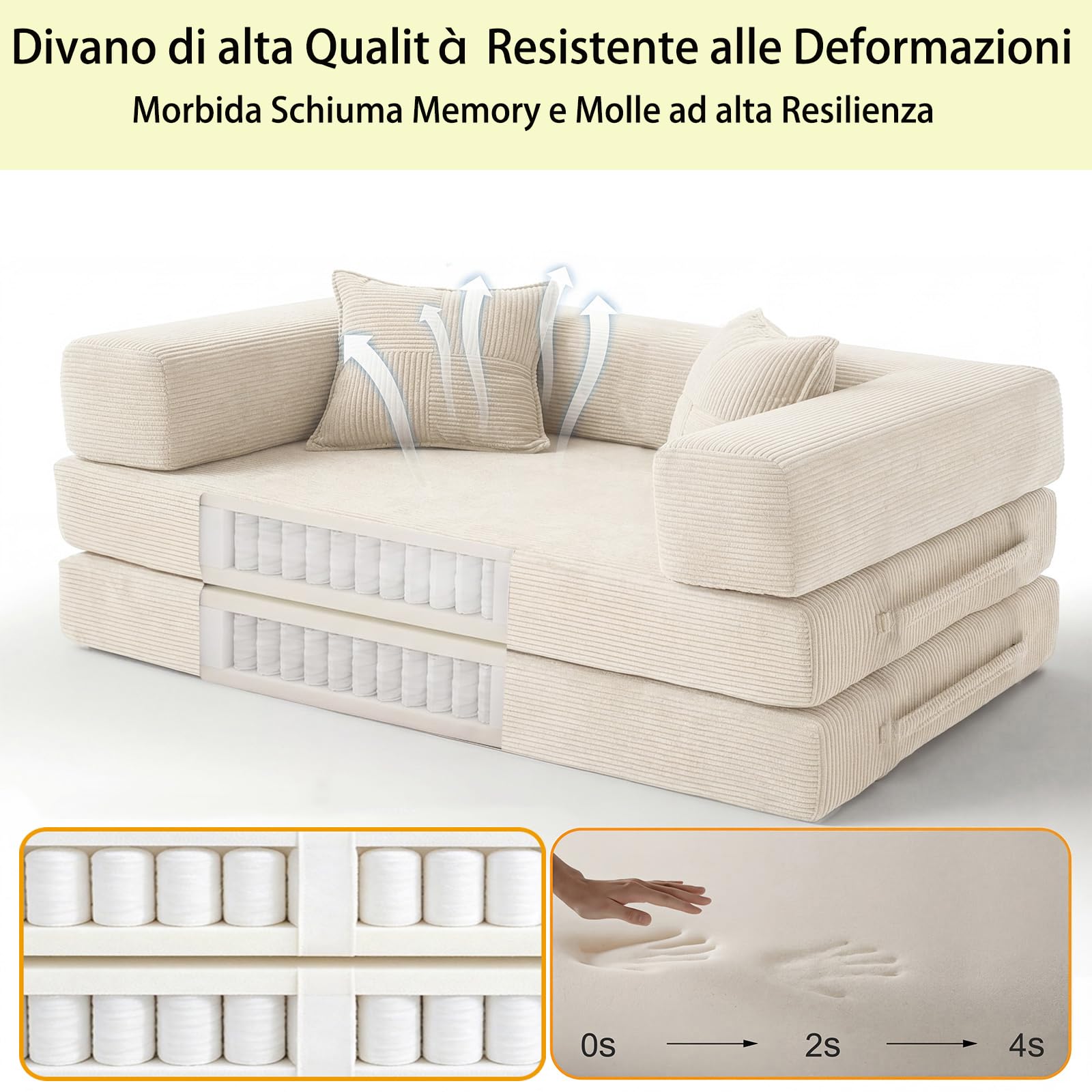 Divano letto disossato, in velluto a coste di alta qualità, 200 cm, divano pieghevole 5 in 1 a 3 posti, con 2 cuscini in schiuma, per soggiorno, bianco