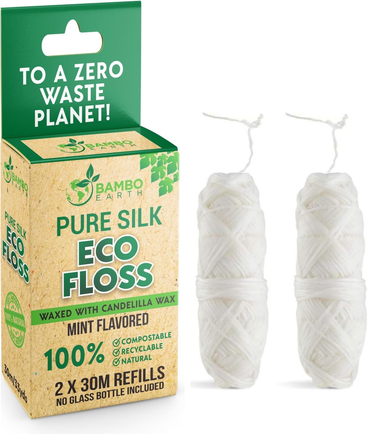 Biodegradable Mint Dental Tooth Lace Floss - 2X Refillable Flossers - 100% Organic Natural and Compostable Teeth Silk Spool - Waxed with Candelilla Wax & Eco-Friendly Zero Waste Packaging