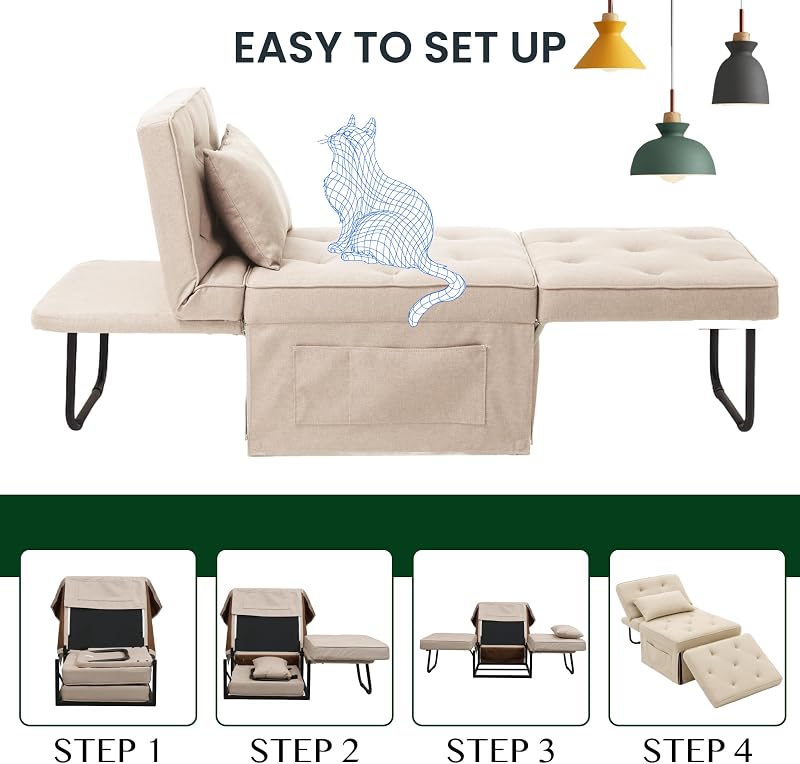 Poltrona Relax Pieghevole 3 in 1, Sedia a Sdraio Trasformabile con Funzione Letto, Portata 300 kg,Beige, 72×69×35 cm