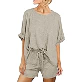Tankaneo Womens 2 Piece Lounge Sets Oversized Short Sleeve T-shirts Drawstring Shorts Sets Pajamas Summer Outfits