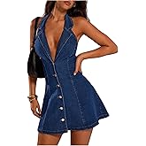 Floerns Women's Y2k Denim Halter Mini Dress Sleeveless Deep V Neck Button Down A Line Going Out Jean Dresses