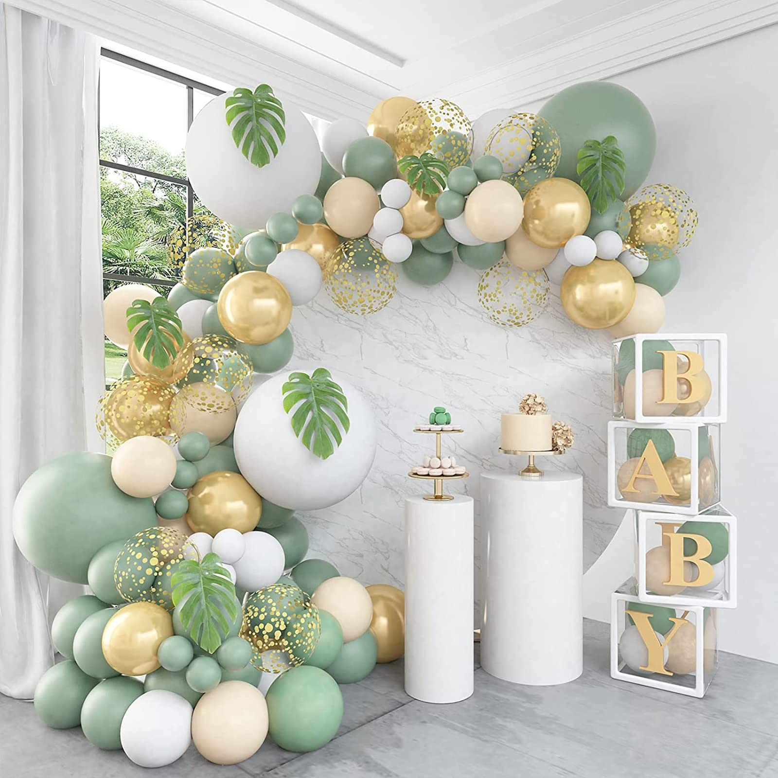 Olive Green Balloon Arch Kit, 115Pcs Sage Green Ballloon Arch with White Gold & Confetti Balloons Garland Kit for Boy Birthday Party Decoration, Baby Shower, Wedding, Jungle Theme Party Supplies Decor