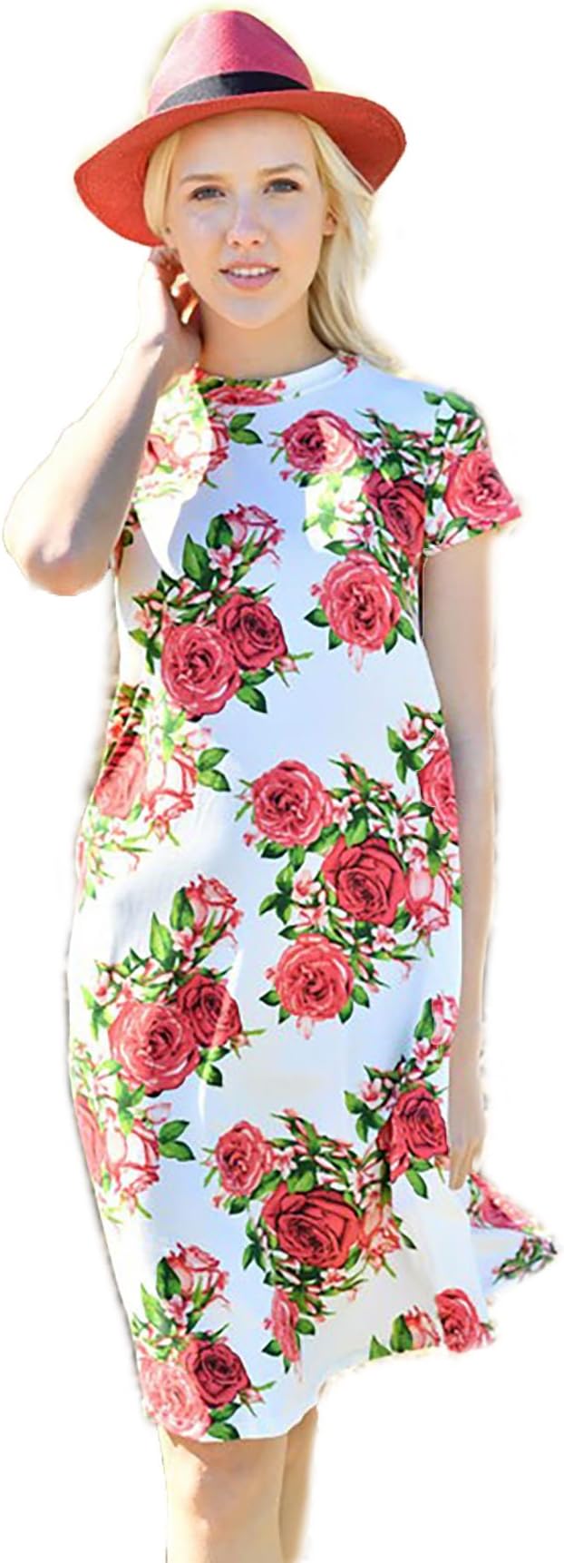 SHOPGLAMLA Floral Print Round Neck Hem Flared Short Sleeves Pocket Mid Dress. Made in USA