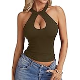 LYANER Women's Ribbed Knit Halter Neck Cut Out Sleeveless Slim Fit Sexy Crop Top Cami