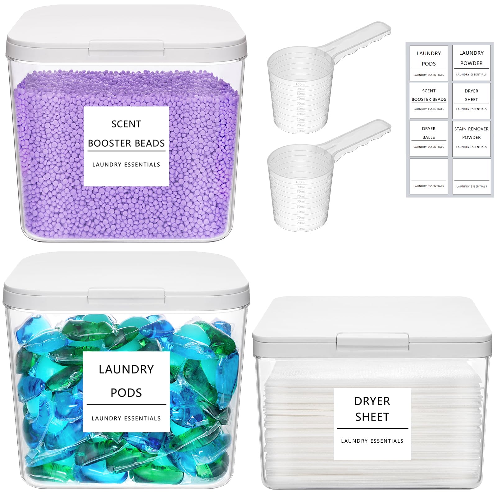 Photo 1 of Lifewit 2+1 Laundry Pods Container & Dryer Sheet Holder, Large Powder Detergent Dispenser Storage Jars, Laundry Room Containers for Scent Booster Beads with Pop up Lids, Labels and Scoop