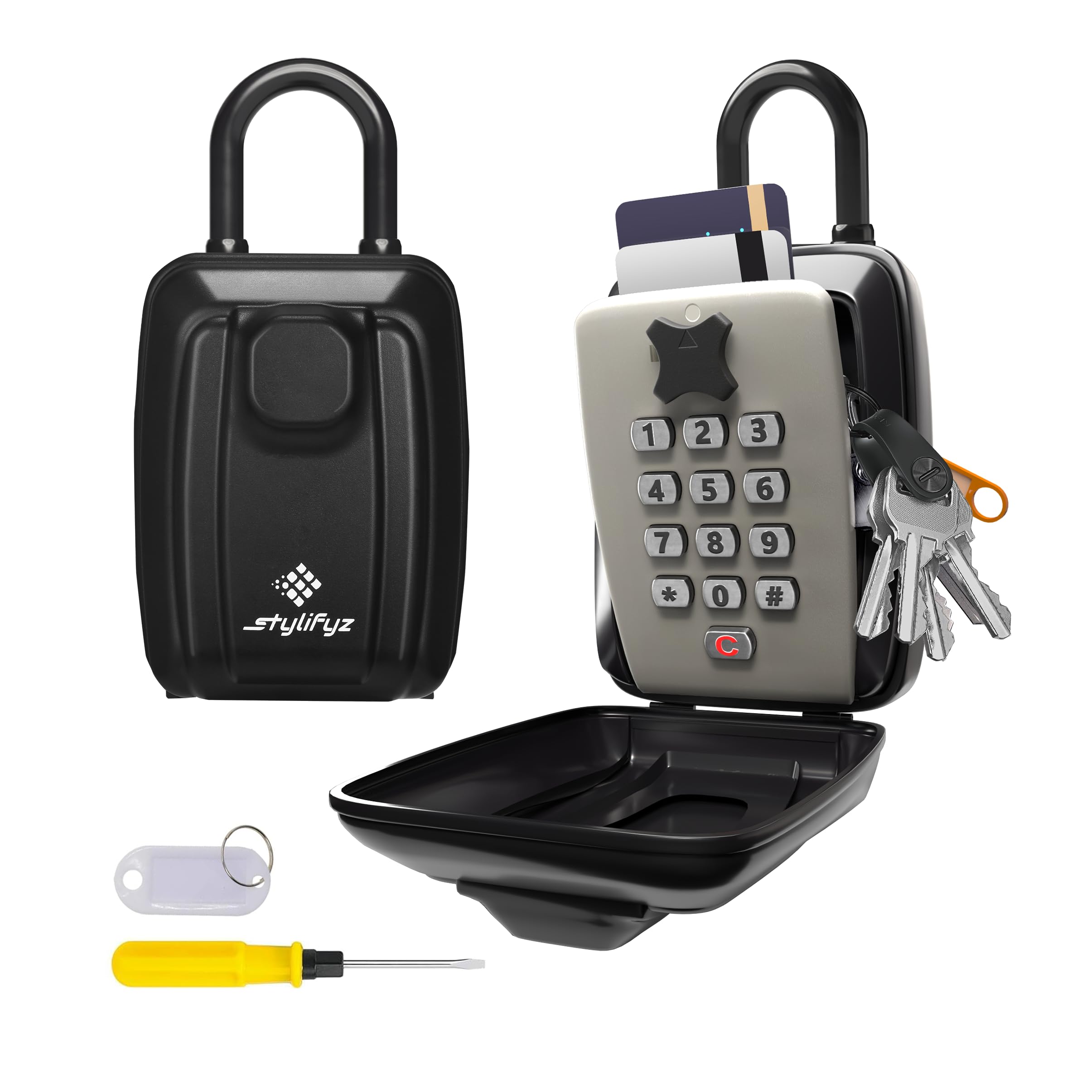 STYLIFYZ Portable Key Safe Outside, Padlock Box,12-Digit Combination Hangable Key Lock Box Outdoor & Indoor-Waterproof Key Safe With Shackle - Large Capacity Keysafe for Home School Garage & Office