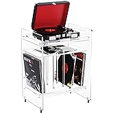 Acrylic Record Player Stand with Storage Shelf, Clear Vinyl Record Storage Turntable Stand, 3 Tier Side Table with Wheels (Clear Large)