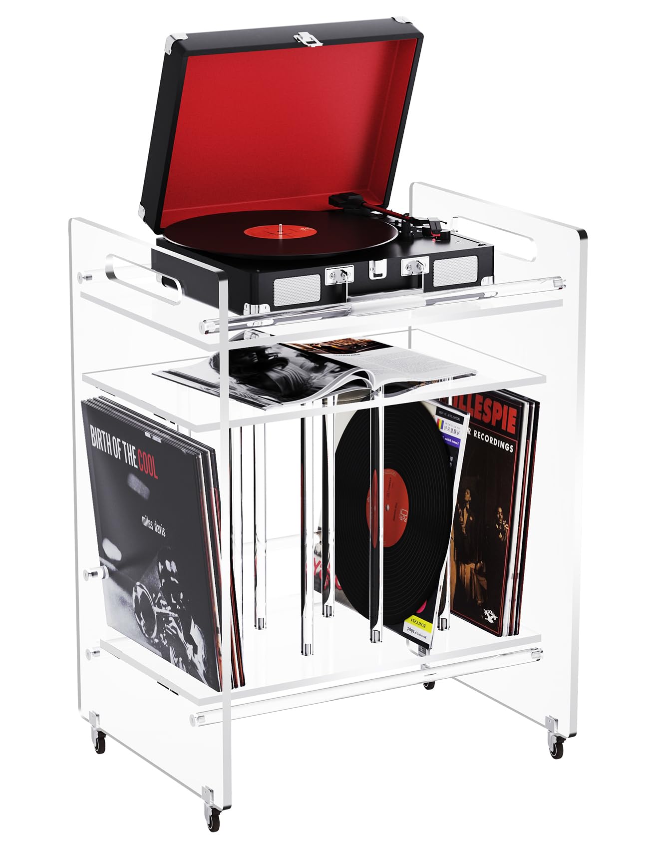 Photo 1 of **MISSING ASSEMBLY HARDWARE & INSTRUCTIONS*** Acrylic Record Player Stand with Storage Shelf, Clear Vinyl Record Storage Turntable Stand, 3 Tier Side Table with Wheels (Clear Large)