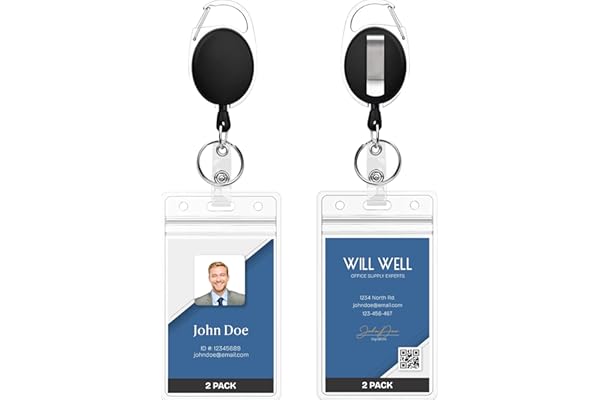2 Pack ID Badge Holder with Clip Badge Reels Retractable Heavy Duty Clear Id Card Vertical Lanyard Holder with Carabiner Badg