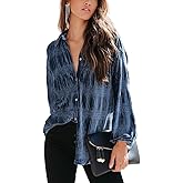 chouyatou Women's Shirred Velvet Long Lantern Sleeve Button Down Shirt Blouse Tops