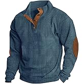 Mens Corduroy Sweater with Elbow Patches Long Sleeve Button Turtleneck Polo Shirts Vintage Waffle Sweatshirts