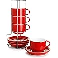 Sweese 8 Ounce Porcelain Stackable Cappuccino Cups with Saucers and Metal Stand - for Specialty Coffee Drinks, Cappuccino, Latte, Americano and Tea - Set of 4, Red