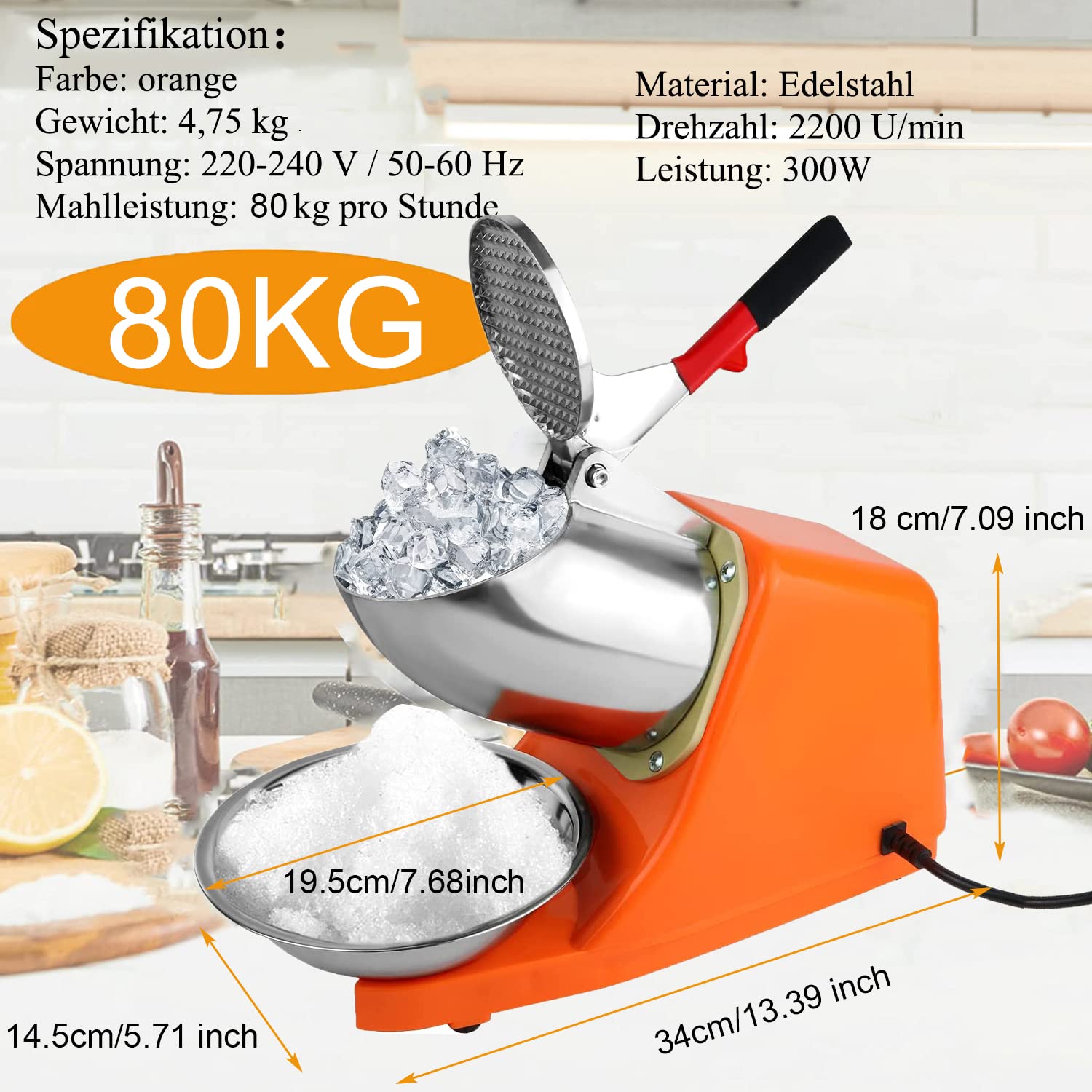 Elektrischer Ice Crusher, 300W Eiszerkleinerer 80kg/h,Doppelmesser Eiscrusher, Doppelmesser Eiscrusher,Smoothie Maschine für Restaurants, Bars, Partys (Orange) 7