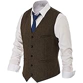 PJ PAUL JONES Men's Herringbone Tweed Suit Vest Casual Wool Blend Waistcoat