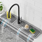 PoYang 24 Inch Faucet Mat for Kitchen Sink Splash Guard, Silicone, Grey | Sink Protectors with 7&deg; Slope for Smooth Drainage, Snap Button Holds It in Place, 90&deg; Foldable &amp; Cuttable Hole Fit Most Sinks