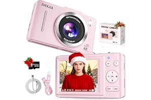 ZHIXJIA Digital Camera, Autofocus 4K Vlogging Camera for Photography with 64GB Card, Full HD 4K Point and Shoot Camera Portable Compact and Shoot Digital Camera for 16X Zoom, Anti-Shake, for Beginners, Pink