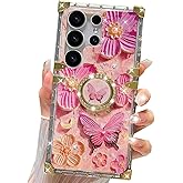 Changjia for Samsung Galaxy S25 Ultra Glitter Floral Case, Cute Colorful Retro Oil Painting Printed Flowers Butterfly Bling Sparkly Ring Kickstand Shockproof Women Girls Case for Galaxy S25 Ultra,Pink