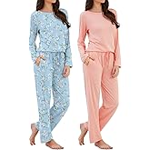 Xelky 2 Pack Womens Pajamas Set Long Sleeve Pajama Tops and Pants Sleepwear Soft Lounge Sets with Pocket