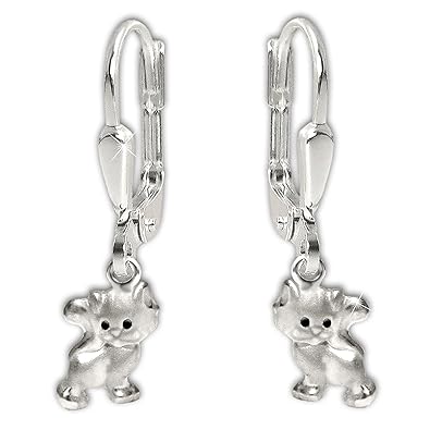 Clever Schmuck Silberne kleine Kinder Ohrhänger 21 mm mit Mini Katze 6 mm Augen schwarz, matt und glänzende Optik STERLING SI