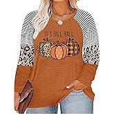 Plus Size Pumpkin Tshirt Women Cute Graphic Halloween Thanksgiving Tees Casual Raglan Long Sleeve Fall Holiday Tops
